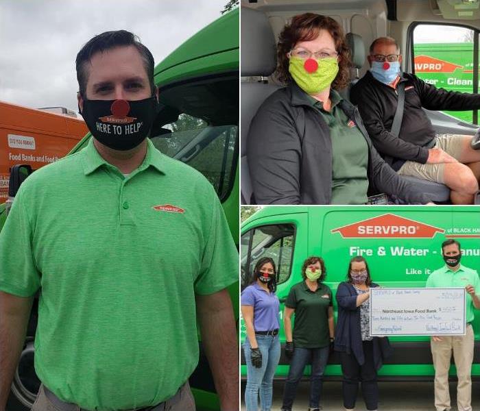 Collage of three photos; Images of SERVPRO employees wearing red noses on their fast mask and grinning.