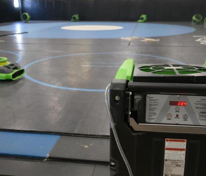 Green pieces of equipment are placed on top of a blue wrestling mat.