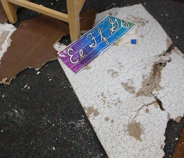 Ceiling Tile on commercial carpet and a school sign torn onto the floor with the letters E, F, G.