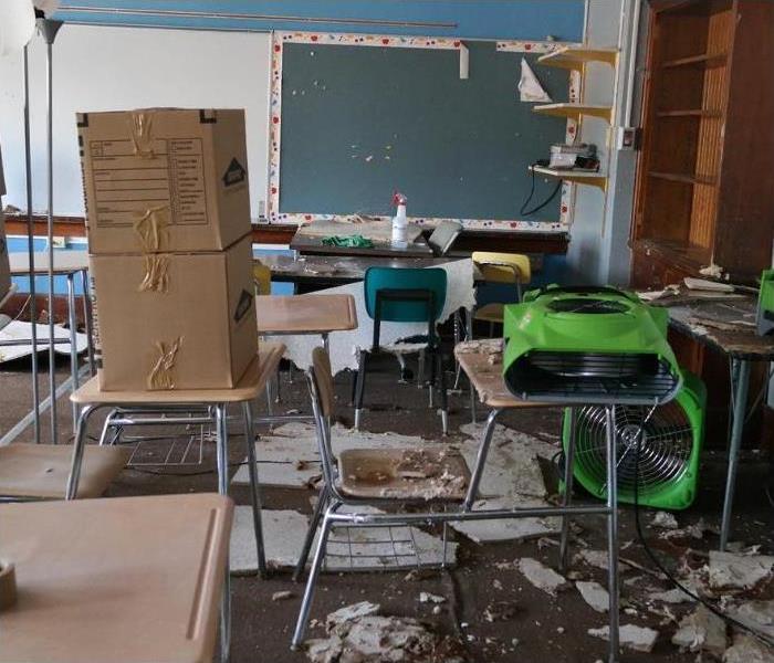 Debris on the floor and desk of a classroom.