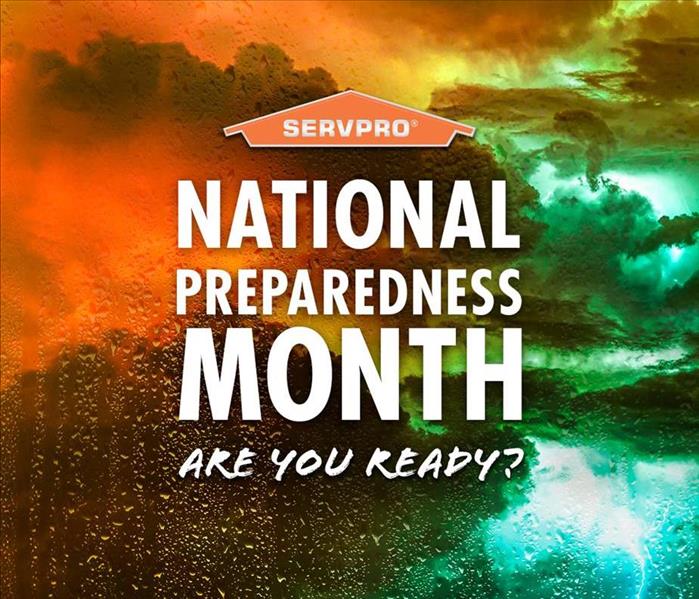 Orange and green clouds with droplets of water running down the image and large white text that reads “SERVPRO, NATIONAL PREP
